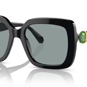 SWAROVSKI BNWT Black Square Frame Sunglasses with Green Gem Accent